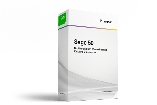 Softwarebox Sage 50 mit Sage- und Emerion-Logo