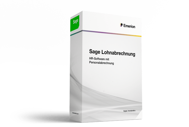Softwarebox Sage Lohnabrechnung mit Sage- und Emerion-Logo
