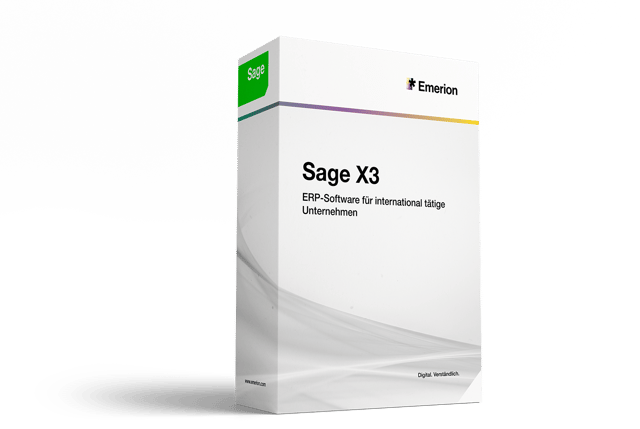 Softwarebox Sage X3 mit Sage- und Emerion-Logo