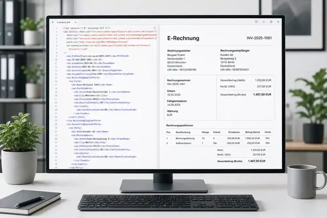 E-Rechnung Pflicht Mittelstand – XML-Format und strukturierte B2B-Rechnung auf PC-Bildschirm