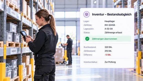 Lagermitarbeiterin erfasst Inventurmengen mit einem mobilen Scanner am Regal. Eine ERP-Übersicht zeigt Buchbestand, Zählbestand und die festgestellte Differenz
