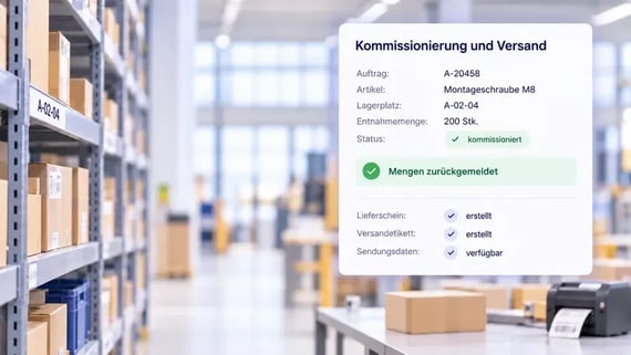Modernes Warenlager mit Packtisch und Versandetikettendrucker. Eine eingeblendete ERP-Übersicht zeigt den Kommissionierstatus, zurückgemeldete Mengen und Versandinformationen