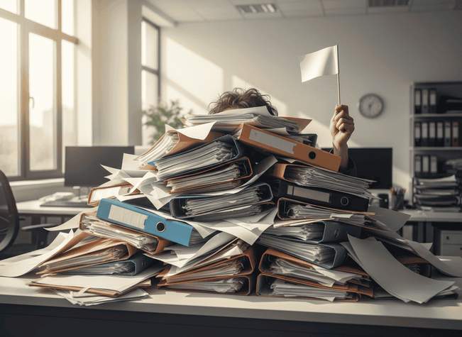 Überforderter Mitarbeiter im Büro sitzt hinter einem chaotischen Stapel aus Aktenordnern und Papierdokumenten – Symbol für fehlende Transparenz im Lieferanten-Vertragsmanagement.